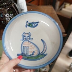 Artisan Ceramic Cat Bowl - Blue and Cream